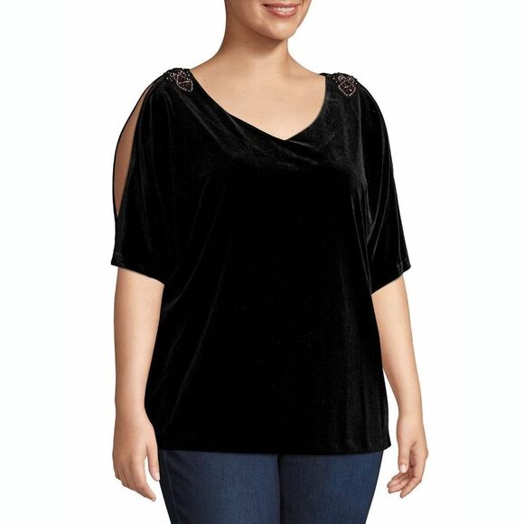 New! ALEX EVENINGS Embellished Shoulder Velvet Black Top Blouse Plus Size - Picture 4 of 7